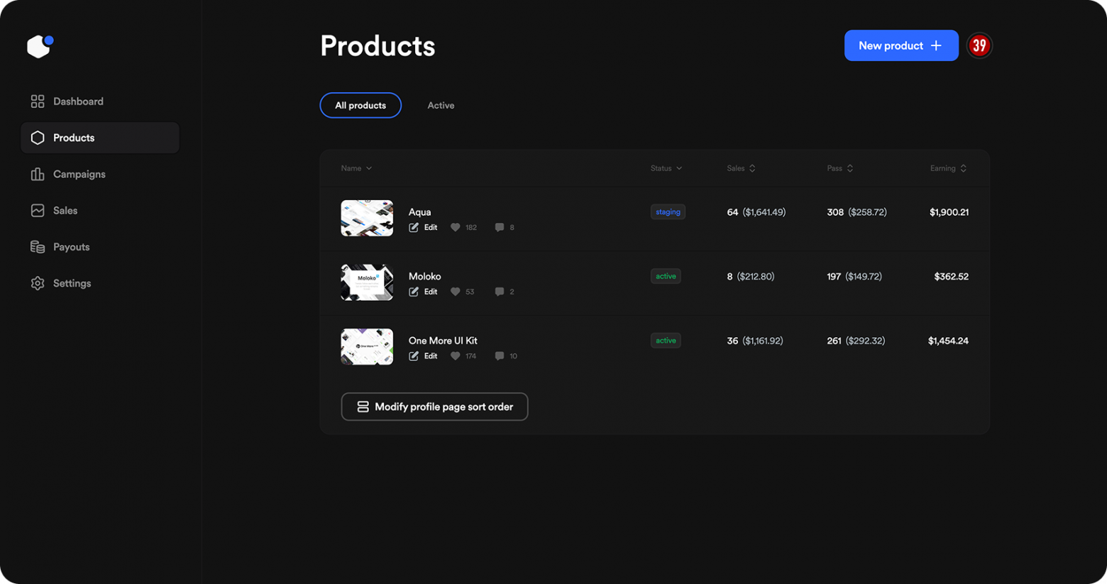 Скриншот личного кабинета UI8