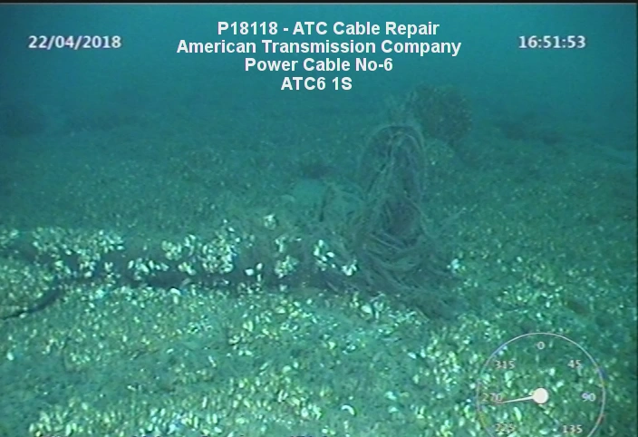 Еще один пример: съемка поврежденного кабеля в проливе Макино. Обрыв произошел по вине траулера