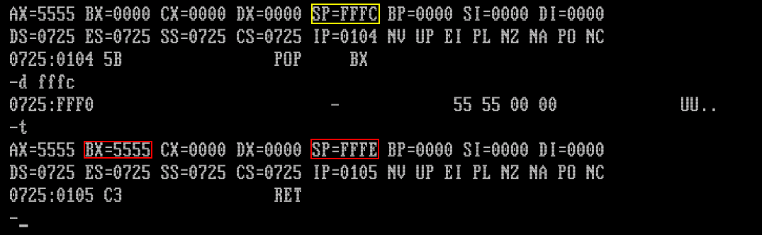 Извлечение слова из стека инструкцией POP