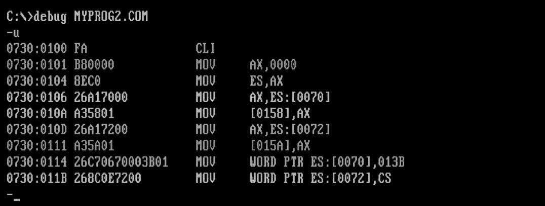 Программа MYPROG2.COM загружена непосредственно в отладчик
