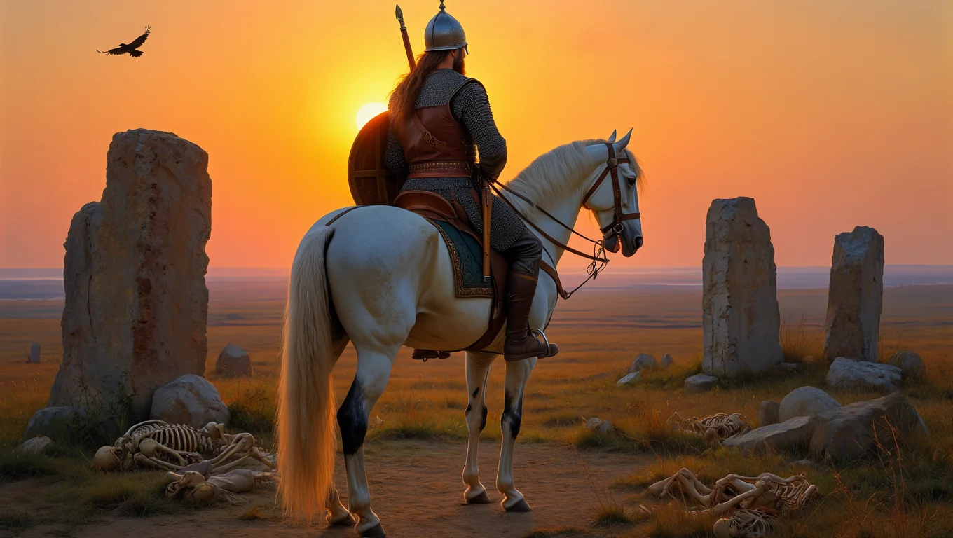 (Промт: Large oil painting by Vasnetsov. Depicts a lone Russian warrior in chain mail and pointed helmet, with a shield slung over his back, sitting upright on a white horse facing right in the center of a vast steppe landscape at sunset. The warrior wears traditional Slavic armor with intricate engravings and holds the reins of the white horse, which stands in right-facing profile, displaying detailed musculature and leather harness. Ancient stone monoliths surround the warrior. The remains of human skeletons are scattered on the ground at the base of the stones. In the background, a lone black raven flies against an orange-red sunset sky. The setting sun behind the warrior creates harsh backlighting, casting long shadows on the steppe grass, while highlighting the metal surfaces of the armor and the white coat of the horse. Traditional oil painting on canvas with dramatic backlighting and rich contrast between light and dark areas.)