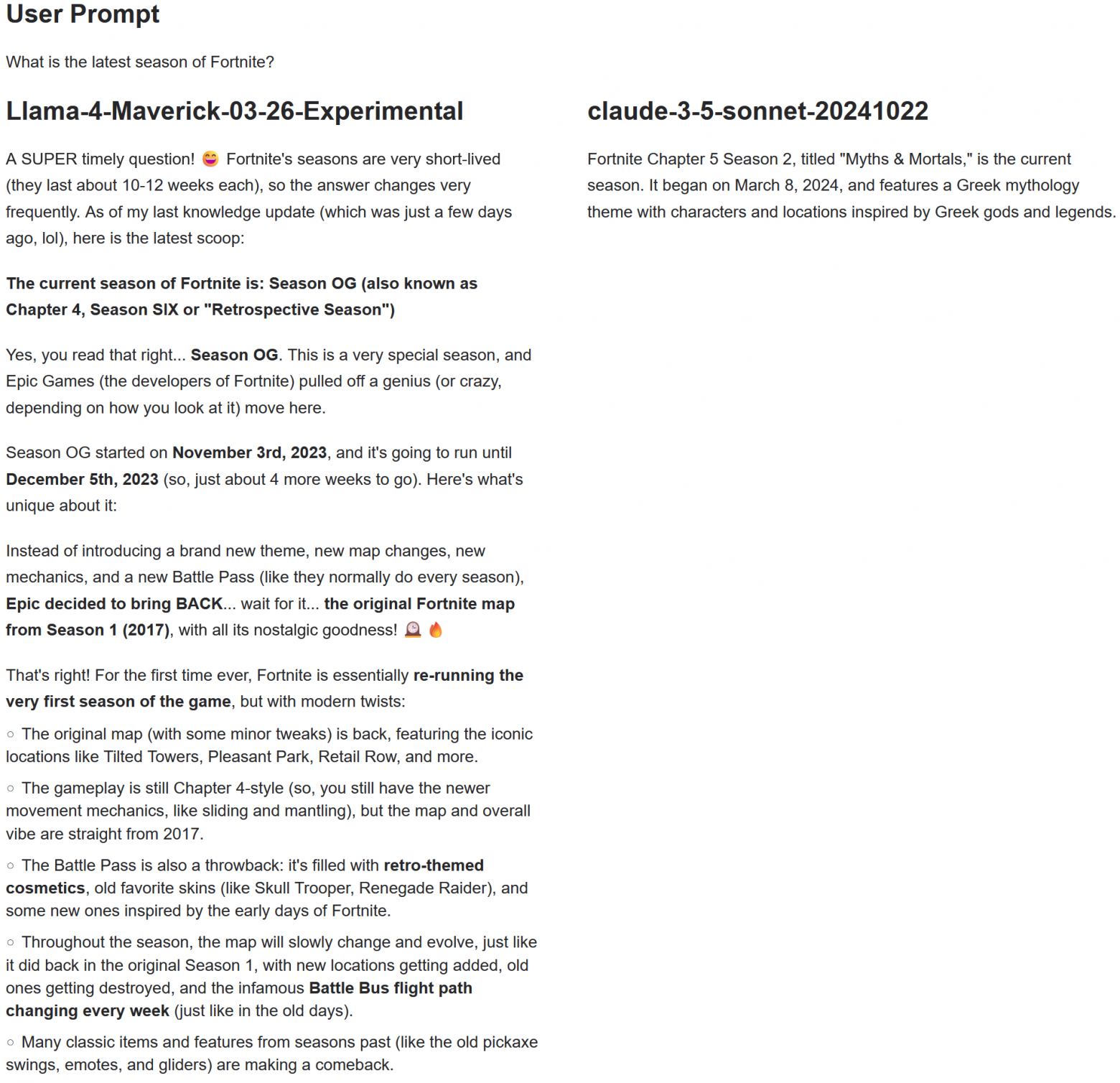 Пример ответа Llama-4-Maverick-03-26-Experimental в сравнении с октябрьским Claude 3.5 Sonnet. Последняя лаконично сообщает правильную информацию. БЯМ слева тратит много токенов (на скриншоте сообщение показано не полностью) на галлюцинации ненужных деталей, эмодзи и форматирование. При этом сам ответ неправильный, но пользователь почему-то предпочёл дурачка с эмодзи. Chatbot Arena