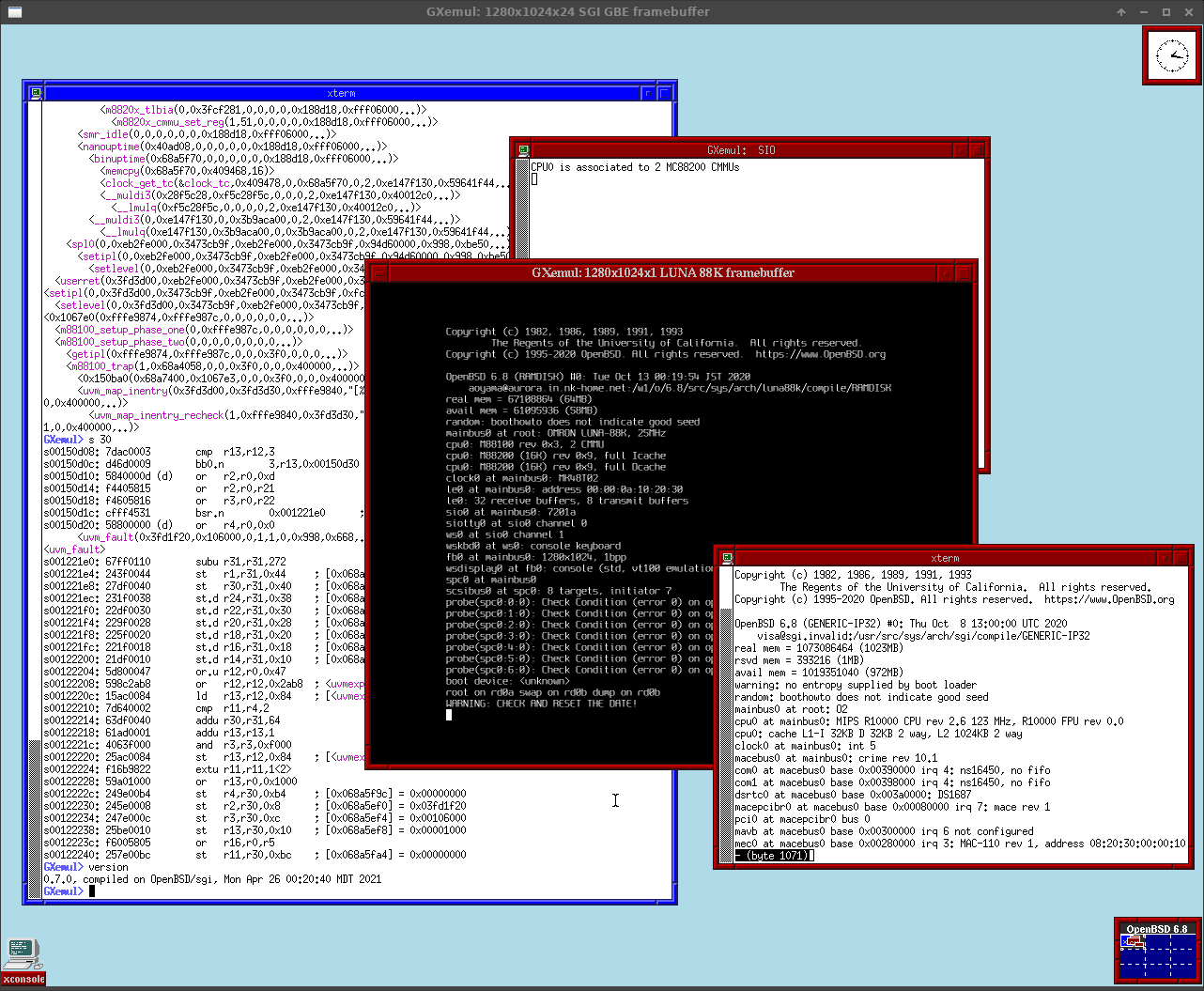 OpenBSD/luna88k running inside GXemul, on an emulated SGI O2 running OpenBSD/sgi (on a FreeBSD/amd64 host). 