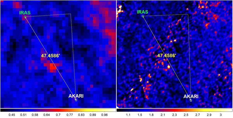 Сравнение положения объекта-кандидата в данных IRAS (слева) и данных AKARI (справа), а также расстояние в угловых минутах между ними.(Image credit: Phan et al (2025))  