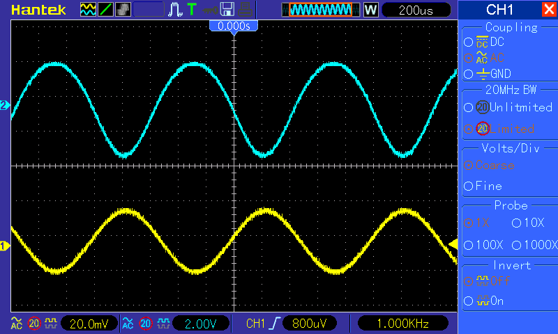 Рис. 12. Осциллограмма на входе и выходе усилителя