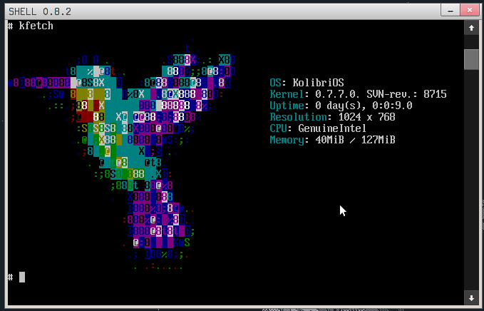 Причём утилита kfetch официально входит в последние ночные сборки KolibriOS.