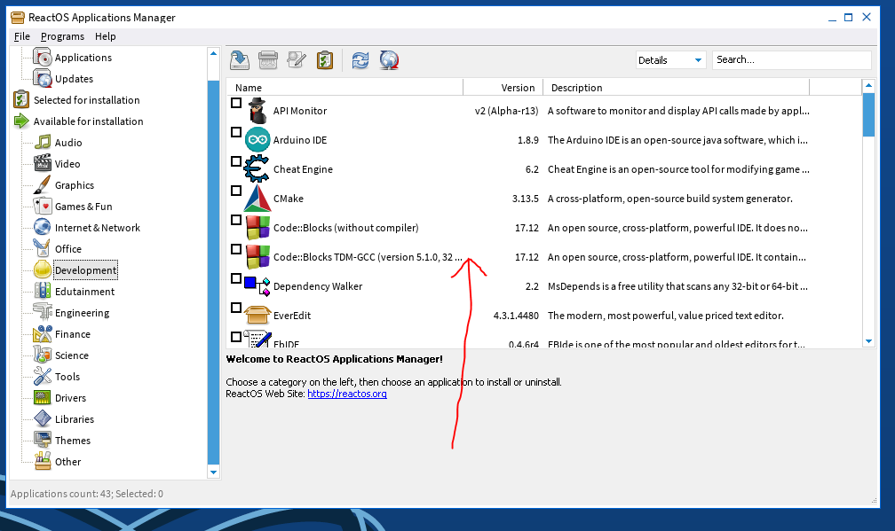 Code:Blocks доступен для скачивания и установки с пакетного менеджера RAPPS