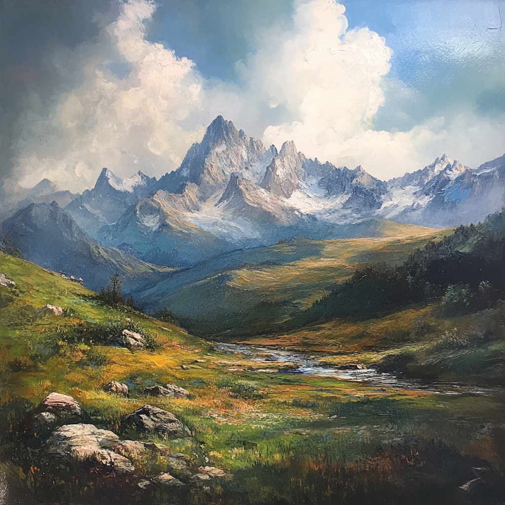 beautiful landscape, high mountains::2, river::1