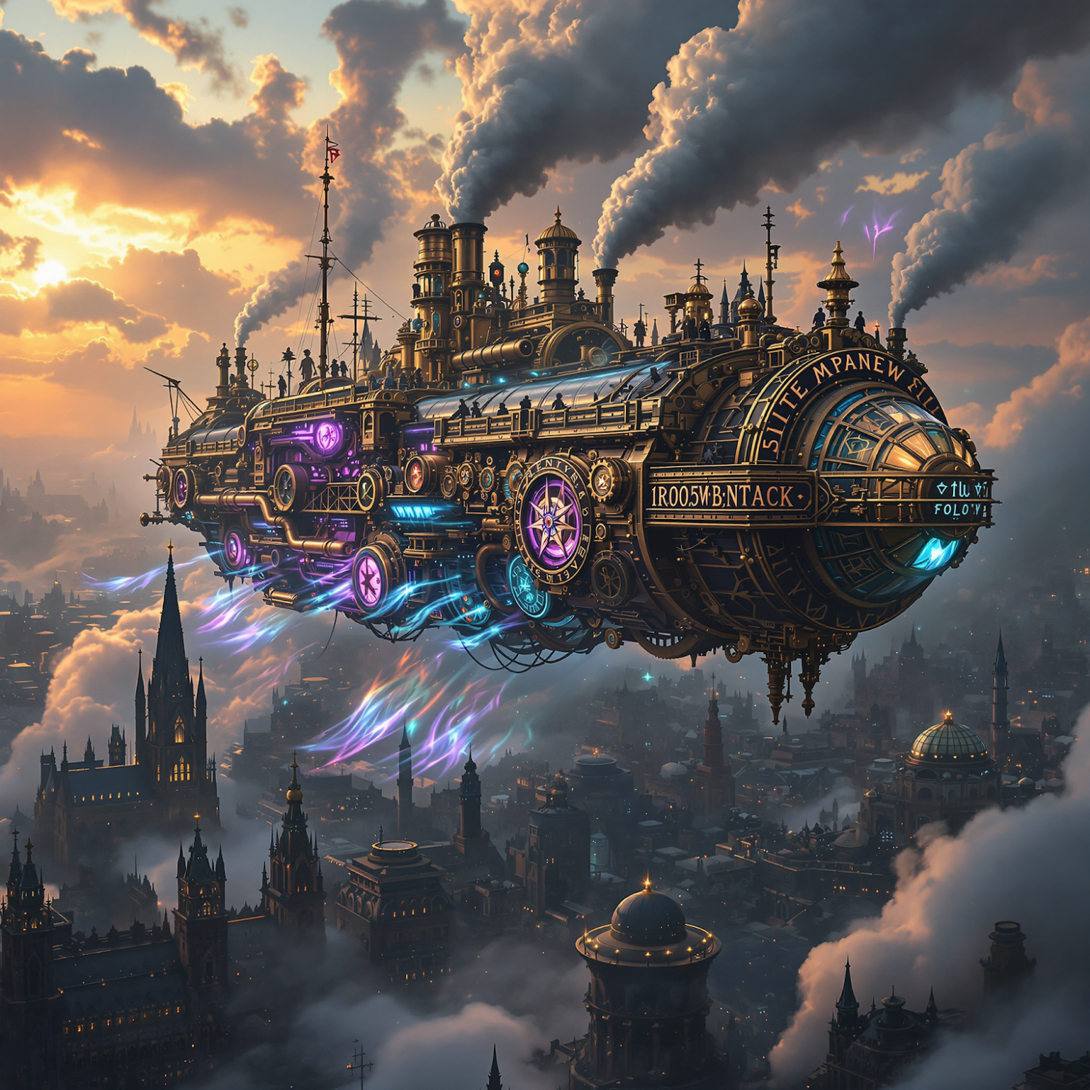 Дирижабль в стиле стимпанк с латунными механизмами и хрустальными двигателями парит над викторианским городом. На его поверхности выгравированы светящиеся магические руны, испускающие радужный пар. На палубе работают заводные автоматы с глазами из драгоценных камней. Вихри фиолетовой и лазурной магии смешиваются с угольным дымом. Внизу виднеются готические шпили и промышленные трубы. Закатное освещение, проходя через механические крылья, подчеркивает латунные детали.