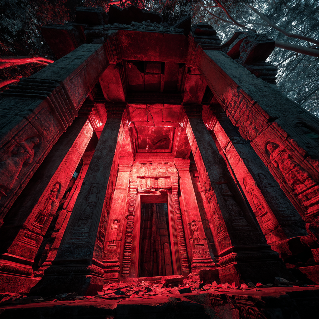 Древний храм, затерянный в густых джунглях, его классические колонны и статуи покрыты мхом и трещинами. Сквозь разрушенные стены пробивается зловещий красный свет. Статуи древних богов ожили и их лица искажены в ужасных гримасах, в глазах светится потусторонний огонь. Тени на стенах принимают формы мифологических чудовищ, готовых выпрыгнуть из темноты. В воздухе чувствуется тревожный шепот и треск сухих ветвей под невидимыми шагами. 