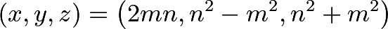 $$(x,y,z)=left(2mn,n^2-m^2,n^2+m^2right)$$