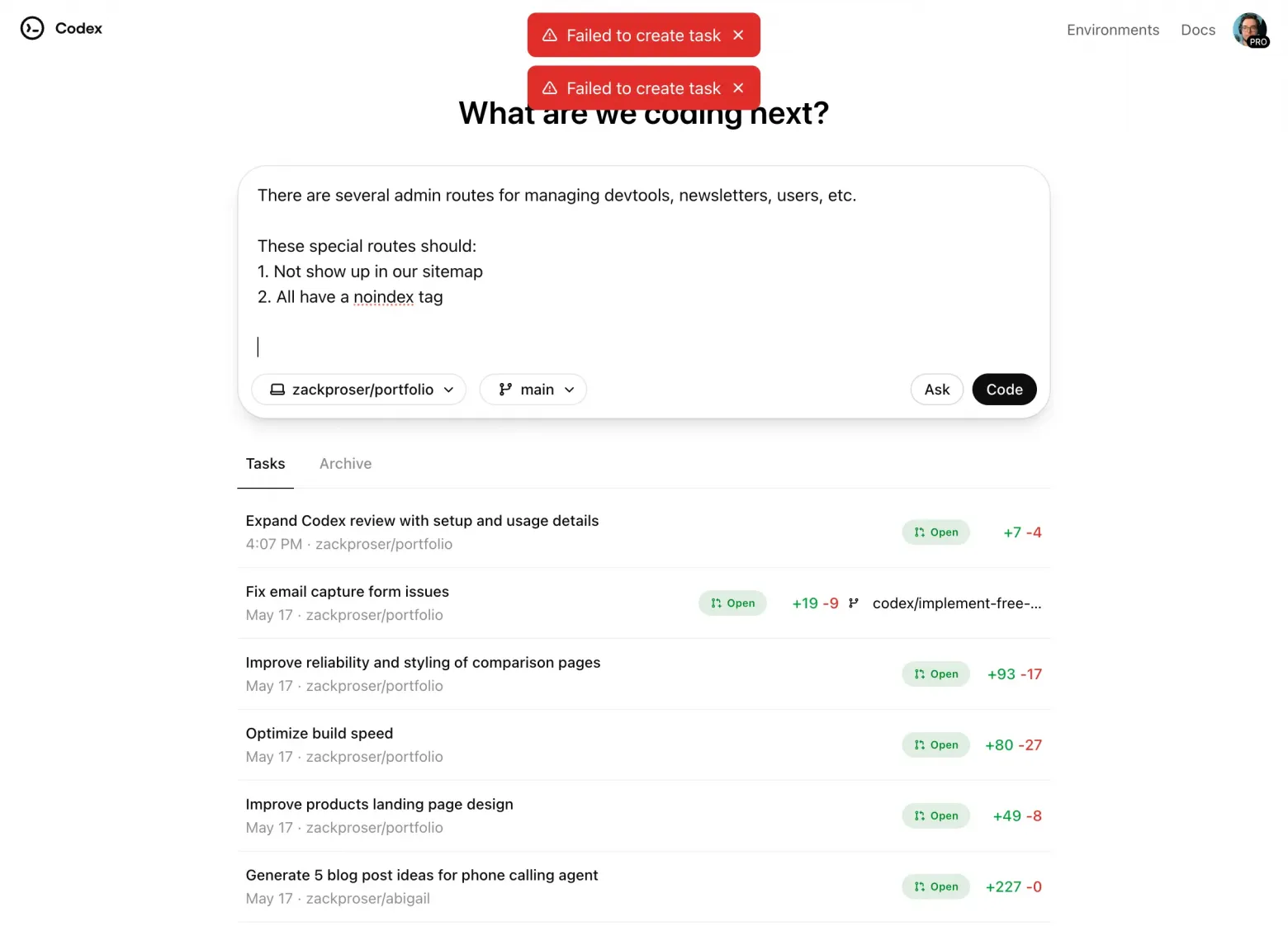 Codex в настоящее время демонстрирует плохую или неполную обработку ошибок