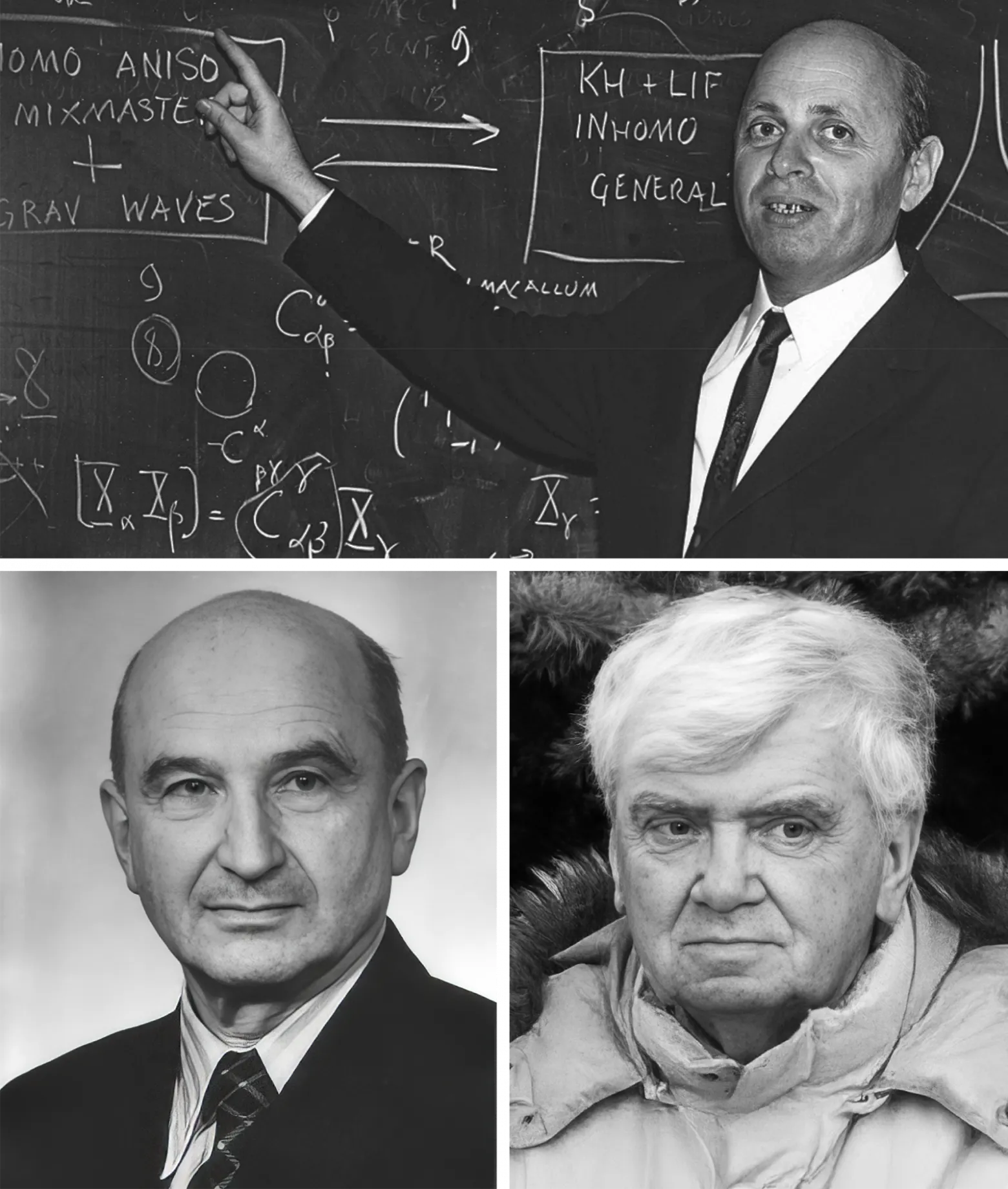  По часовой стрелке сверху: Исаак Халатников, Владимир Белинский и Евгений Лифшиц открыли хаотические сингулярности чёрных дыр в конце 1960-х годов. В то время Халатников и Лифшиц были двумя самыми выдающимися советскими физиками, а Белинский учился в аспирантуре. 