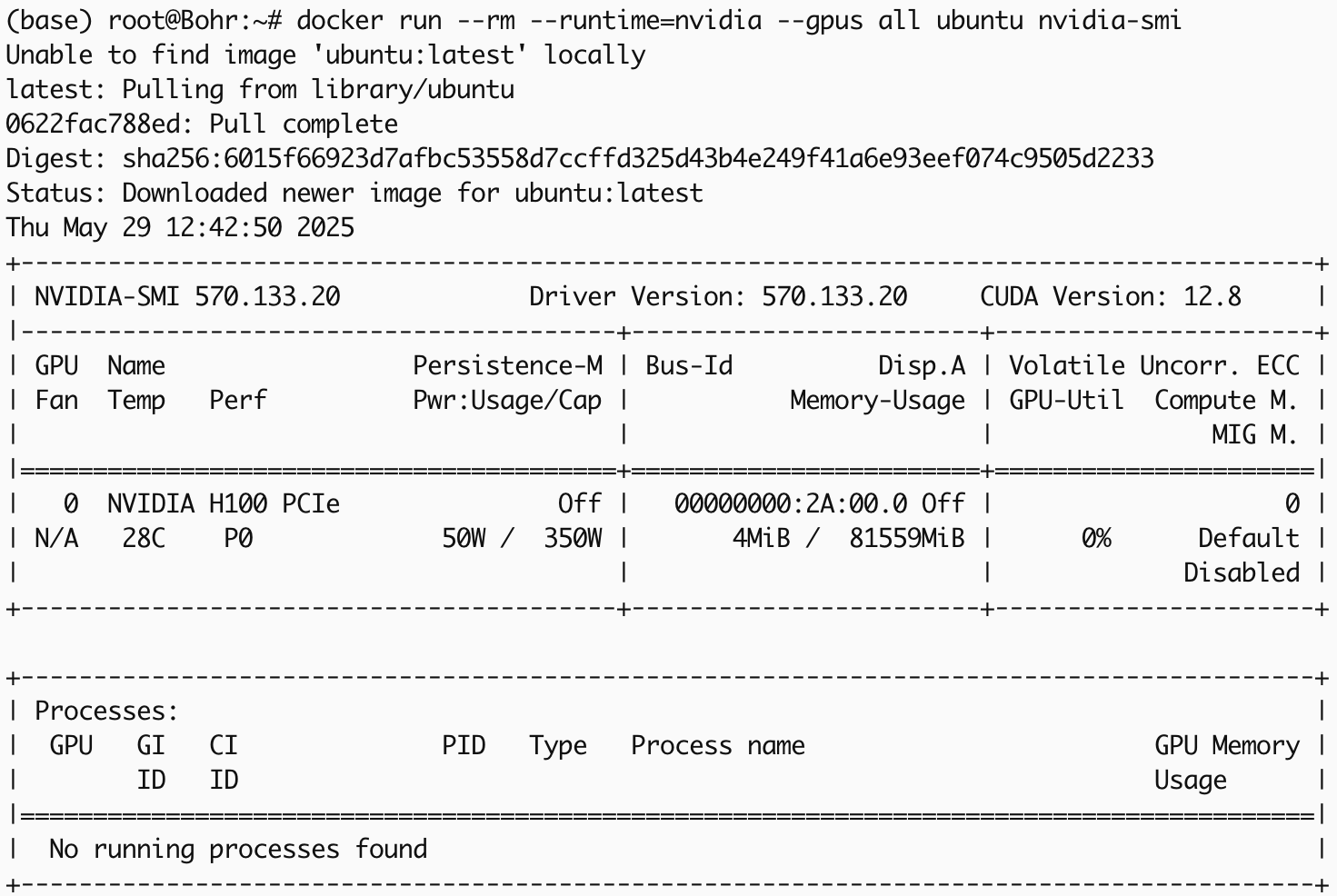 Пример вывода, если Docker корректно увидел GPU.