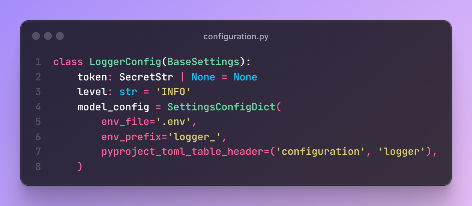 Пример конфигурации логгера. Токен будет автоматом считан из переменных окружения (или .env), а параметр level – из секции [configuration.logger] в pyproject.toml