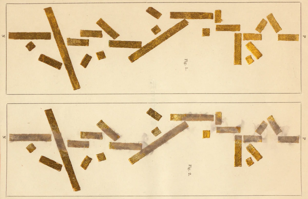Первый эксперимент: черная полоса показывает путь молнии, не задевающий другие золотые элементы, несмотря на извилистую конфигурацию дорожки