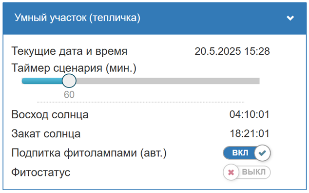 Панель управления режимом использования фитоламп