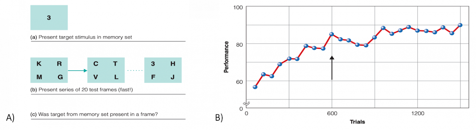Экспериментальная процедура (а) и результаты (b) исследования Шнайдера и Шиффрина (1977). На графике видно, что после 600 попытки (trial) успешность выполнения задачи стабилизируется на высоком уровне — доводится до автоматизма. Графики адаптированы Goldstein & Van Hooff (учебник Cognitive Psychology, 2nd ed.).