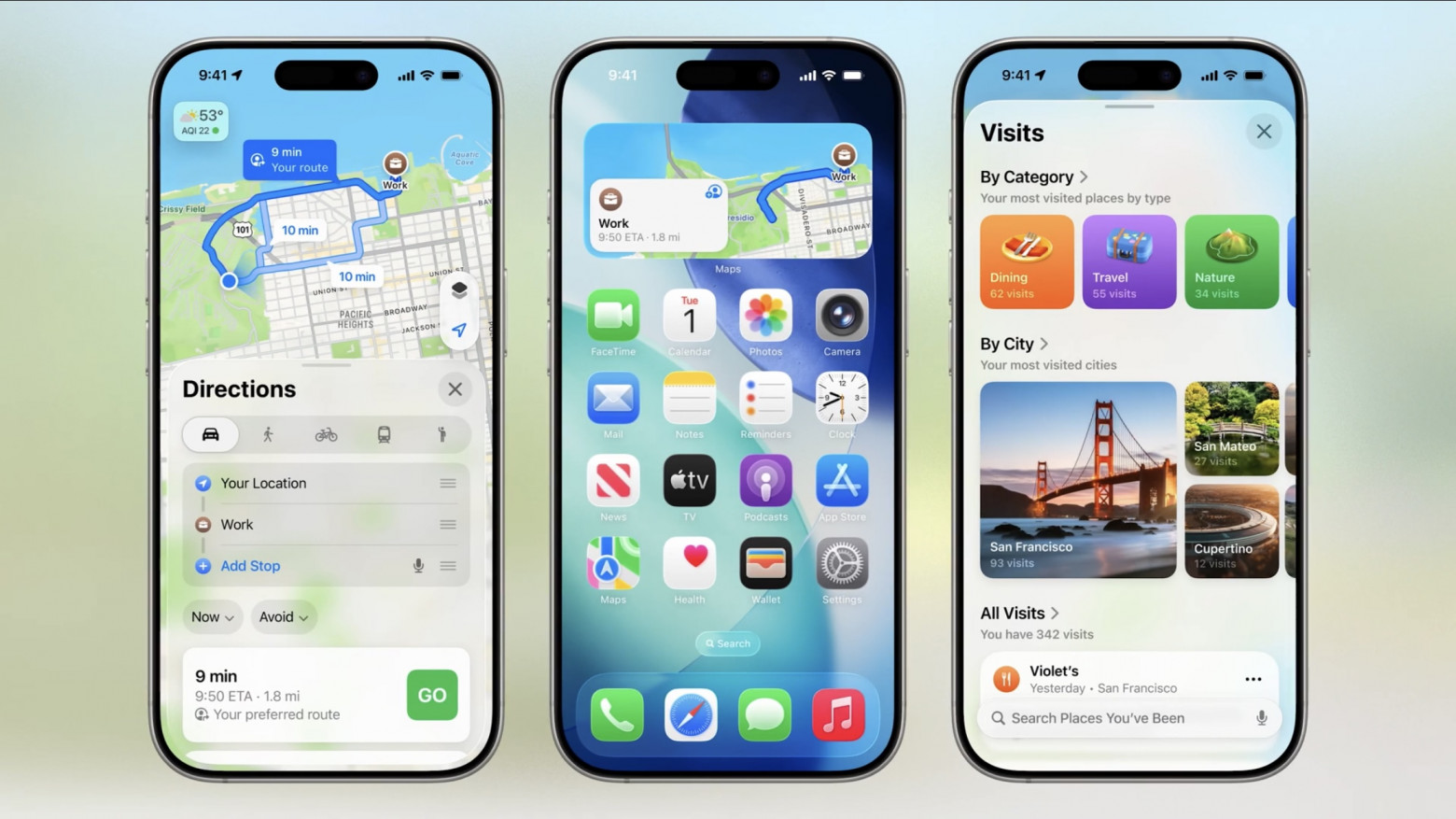  В Maps есть Библиотека посещённых места, которая фиксируются автоматически. Обещают полную защиту данных — всё на устройстве. Apple Intelligence подсказывает оптимальные маршруты и предупреждает о задержках в маршруте.