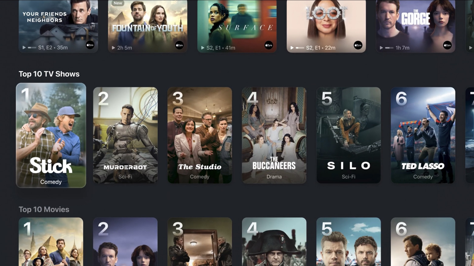 Обновлённый интерфейс с киноафишами, выполненными с использованием «Liquid Glass». Больше контента отображается на главном экране для облегчённого поиска фильмов и сериалов.