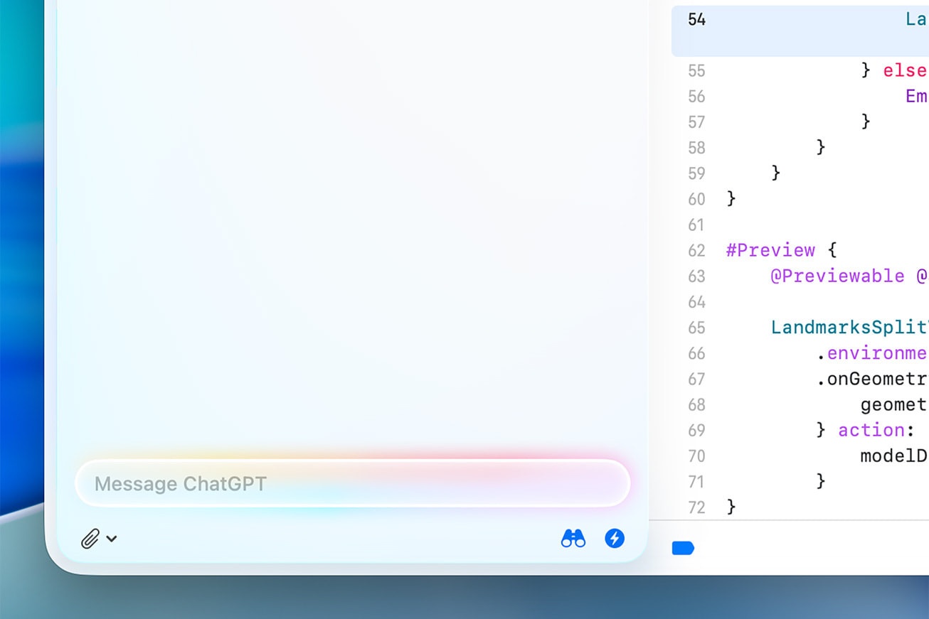  Встроенная поддержка ChatGPT (без аккаунта, с возможностью привязки), можно даже создавать интерфейсы по чертежам, просто загрузив прямо внутри Xcode с ChatGPT свой набросок.