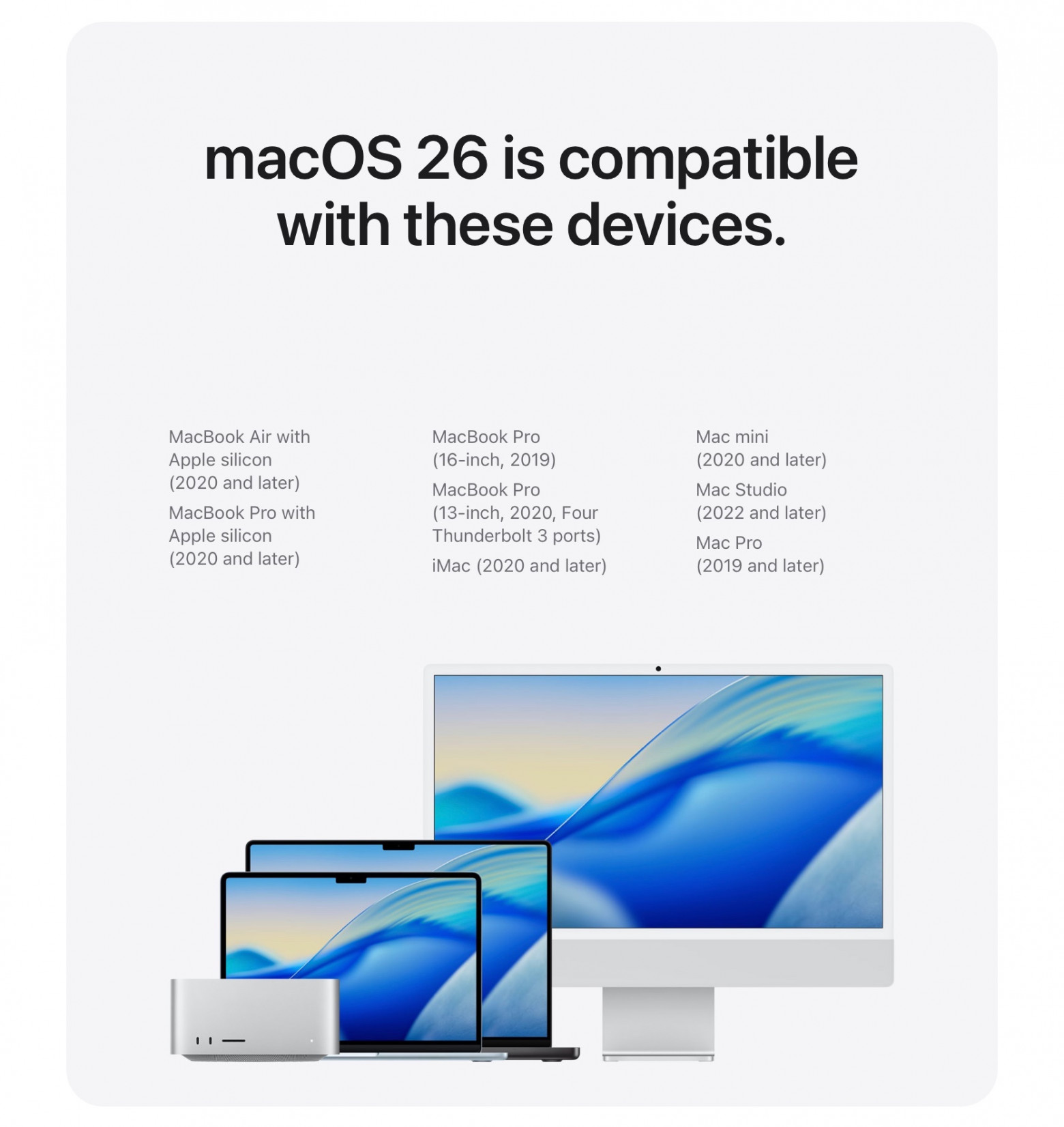 Некоторые Mac потеряли поддержку системы: MacBook Pro 2018, iMac Pro 2017, iMac 2019, Mac mini 2018, MacBook Air 2020 на Intel