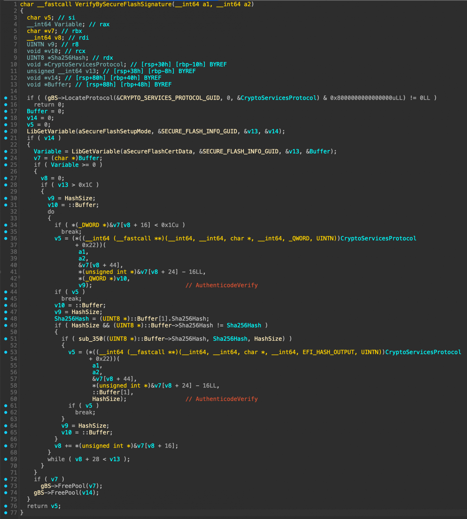 Функция VerifyBySecureFlashSignature из SecurityStubDxe