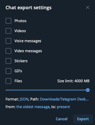 Убираем ото всюду галочки, повышаем лимит до максимума (это не значит, что файл будет столько весить), формат вместо HTML ставим JSON