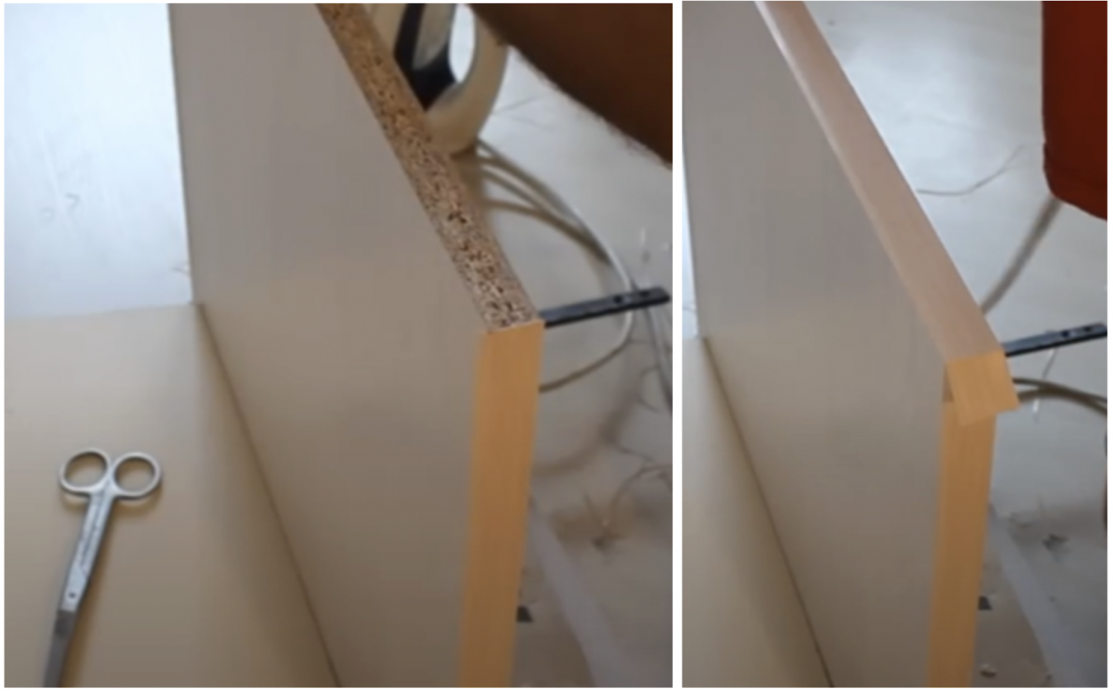 Слева — ДСП без кромки, справа — с кромкой