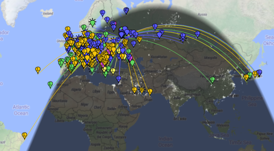 Изображение с pskreporter.info, собрано с нескольких диапазонов за несколько часов приема.