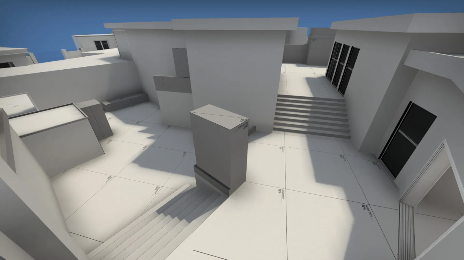 Пример блокаута: простые формы без текстур и декора, но с читаемой геометрией, маршрутами и масштабом. Иногда очертания объектов похожи на финальный вид — например, колонны или окна. Источник