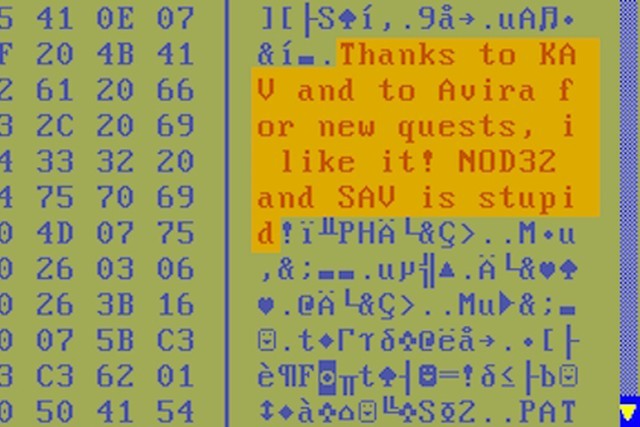 В одной из модификаций ZeuS содержалось скрытое сообщение разработчикам антивирусного ПО.