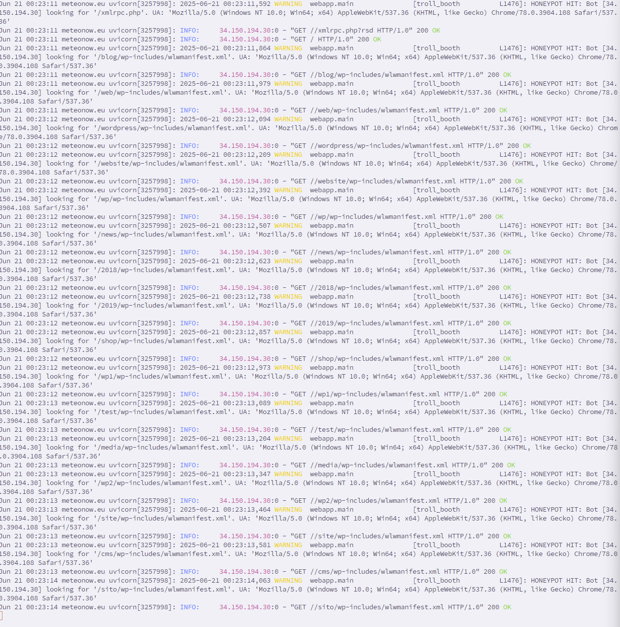 Типичная картина в логах. Боты с IP-адреса 34.150.194.30:0 методично перебирают стандартные пути WordPress.