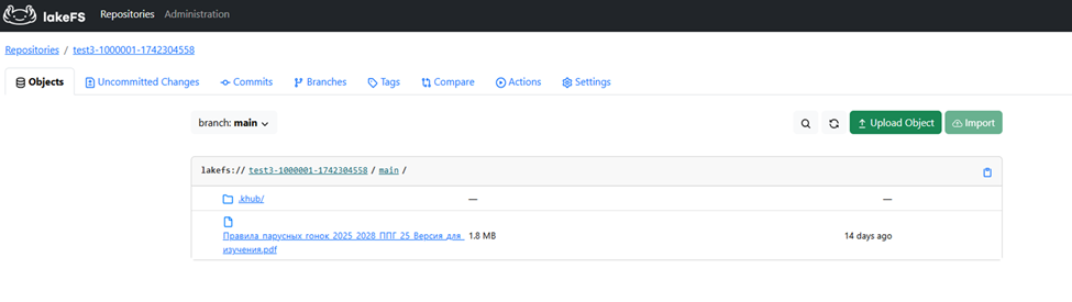 Так выглядит репозиторий проекта в LakeFS — сырые данные в корне проекта