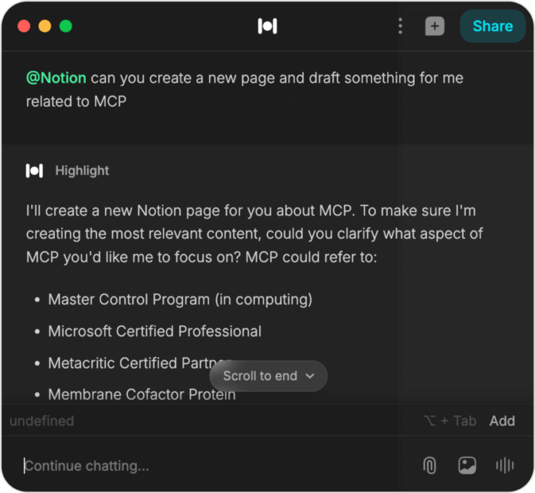Пример реализации Notion MCP (плагина) в Highlight.