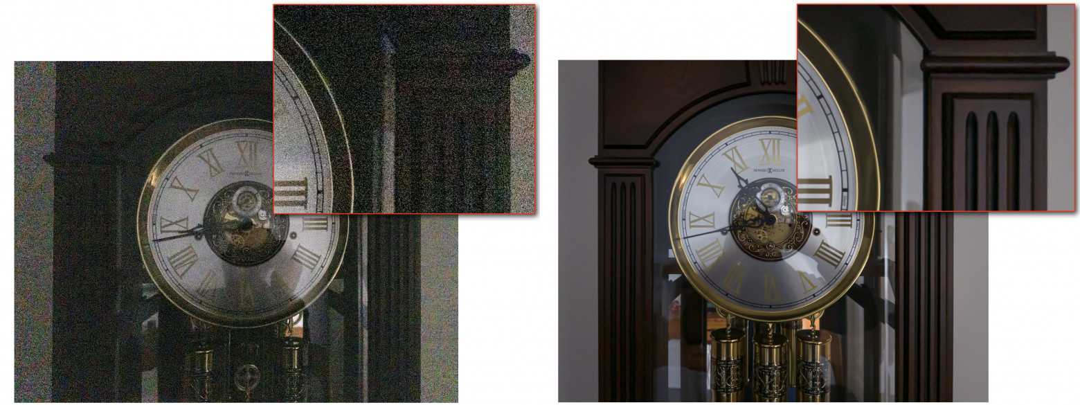 Слева — снимок часов родным приложением iPhone в условиях 0,1 лк: размыто и шумно. Справа — снимок тех же часов в темноте с Project Indigo (режим Night): четко, детали циферблата видны, шум минимален.