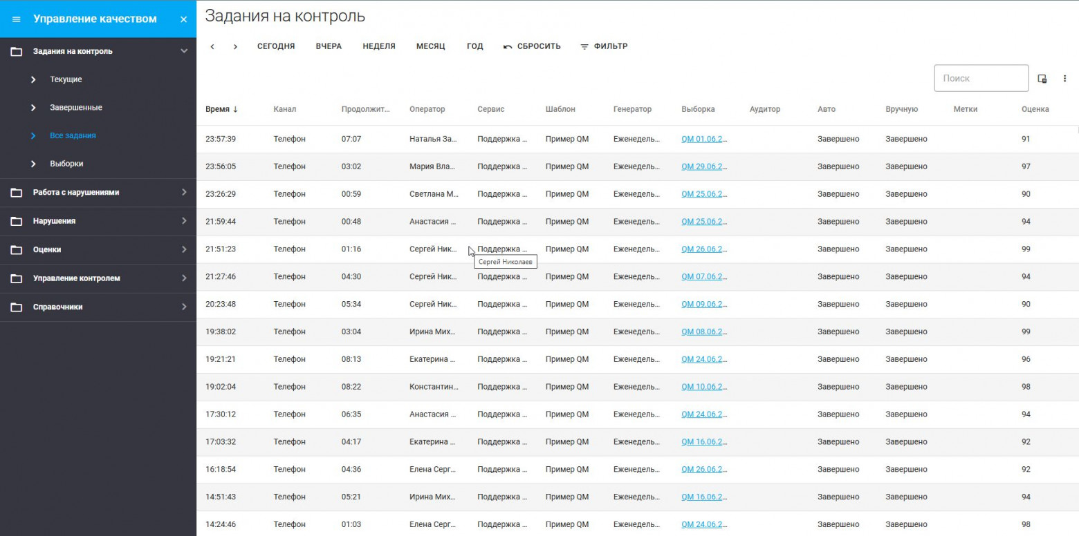 Таблица заданий на контроль