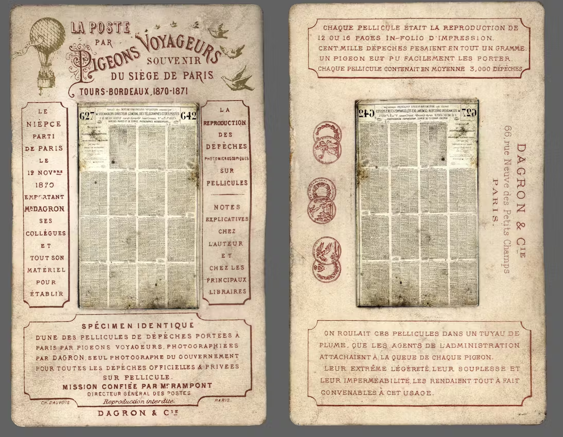 Сувенирная открытка, посвящённая осаде Парижа, с микрофотографиями почтового голубя Рене Дагрона, примерно после 1871 г.   