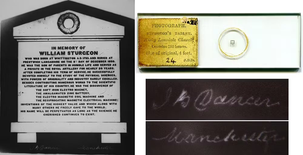 Виды в разных масштабах первой коммерческой микрофотографии Дэнсера, на которой он уменьшил репродукцию мемориальной доски английского изобретателя Уильяма Стёрджена шириной 121,92 см до 2 мм, подписав его своим именем и указав город «Манчестер»   