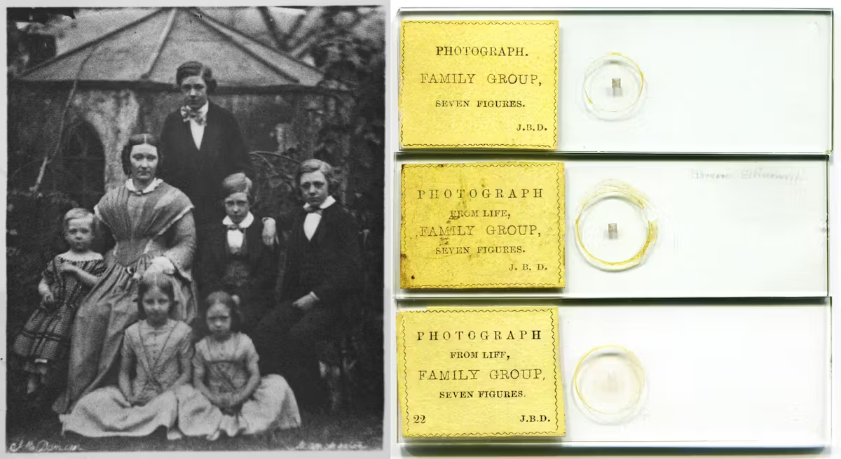 Третья коммерческая микрофотография Джона Бенджамина Дэнсера, на которой изображена его семья, и три варианта этикетки, около 1853 г  