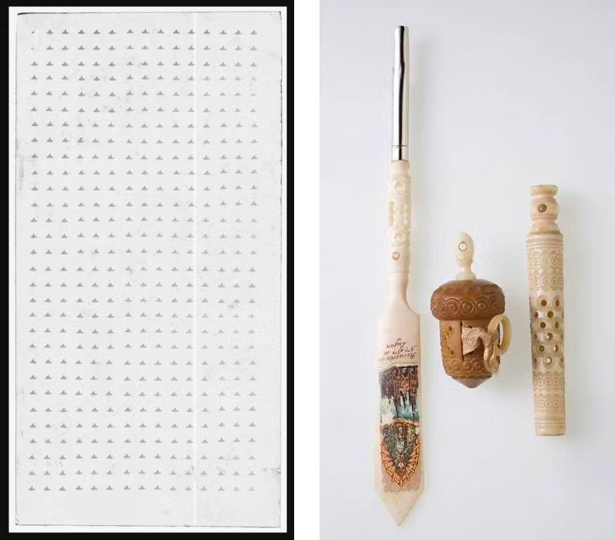 Слева: одна стеклянная пластина, содержащая 450 микроскопически маленьких фотографий одного из конкурентов Дагрона. Справа: предметы конца 19 века, включая рулетку и ручку с колпачком в форме желудя, в которых находятся увеличительные линзы Стэнхоупа и микрофотографии  