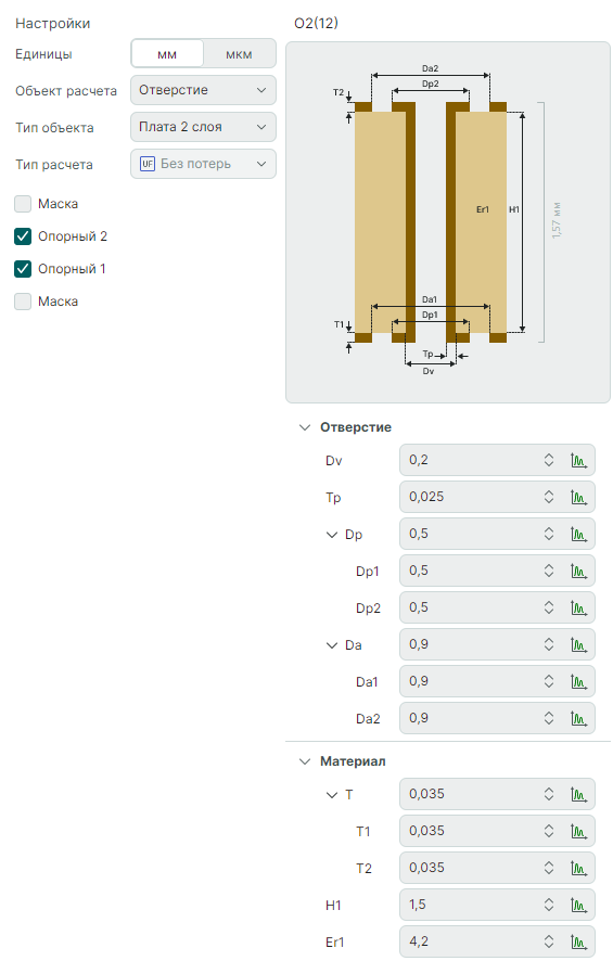 Рис. 5. Выбор модели ПО и ввод геометрических и электрофизических параметров  