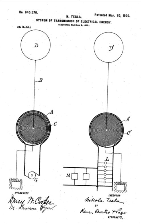 Один из патентов Теслы по системе передачи тока