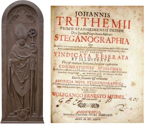 Надгробный барельеф Иоганна Тритемия в аббатстве св. Иакова до 1825 г., позднее в Ноймюнстерской церкви, и титульный лист трактата «Стеганография» издания 1676 г.