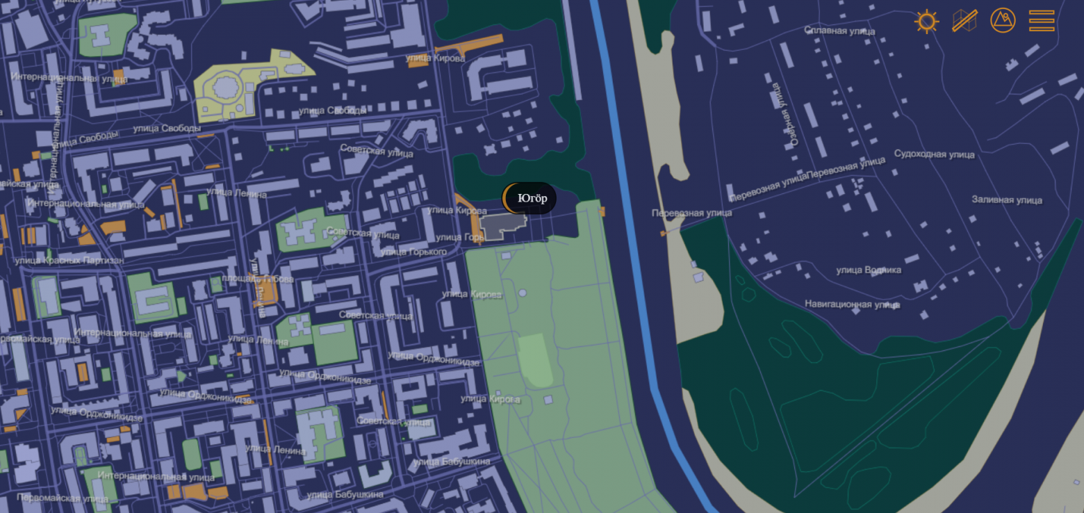 Интерактивная карта в темной теме (город Сыктывкар)