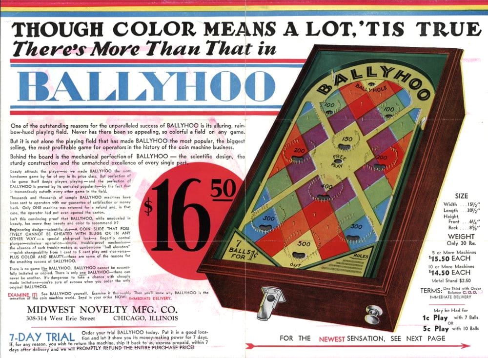 Реклама пинбола Ballyhoo, 1932 год. Источник.