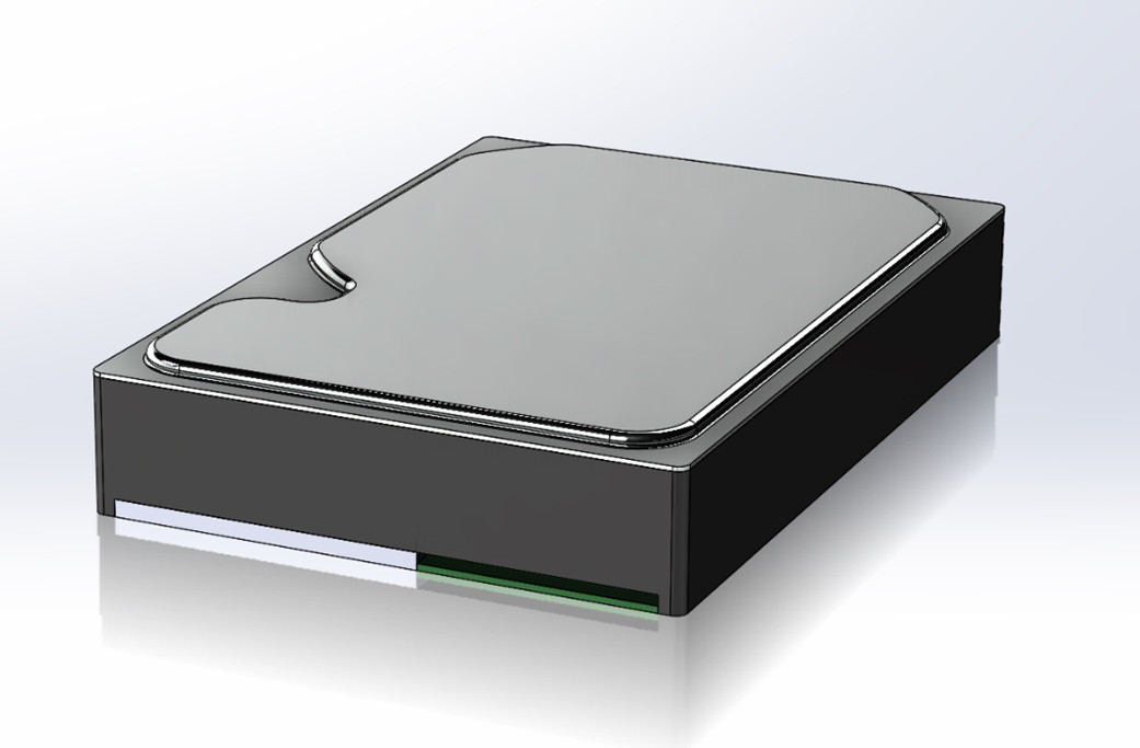 Упрощённая модель дискового накопителя 3.5 дюйма, разделённая на корпус, крышку, плату и коннектор.    