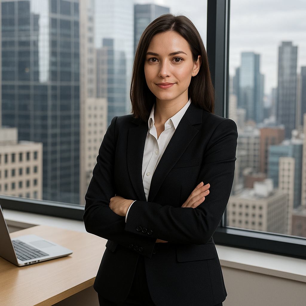 Женщина 30 лет, деловой костюм, офис с видом на город