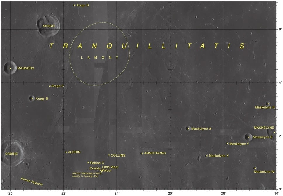  Местонахождение анализируемой структуры — гипотетического кратера вблизи 0,67 северной широты и 23,47 восточной долготы в селенографической системе координат. Credit: NASA Расположение анализируемой структуры — гипотетического кратера вблизи 0,67 северной широты и 23,47 восточной долготы в селенографической системе координат.