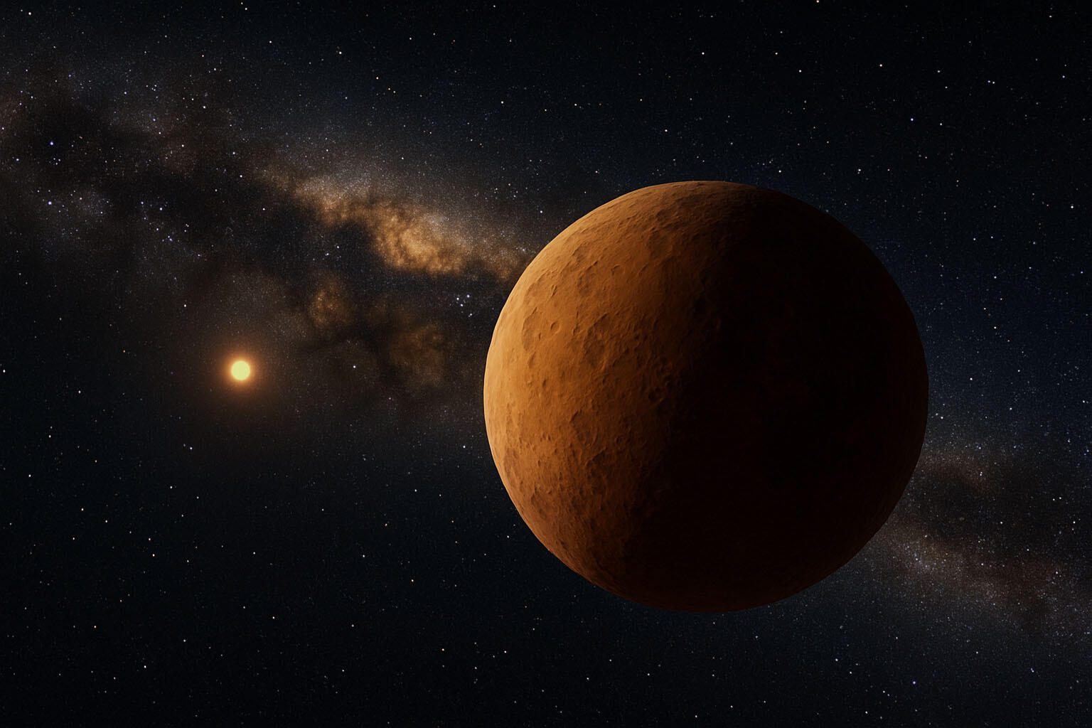 Художественное изображение далёкого объекта Солнечной системы, названного «Аммонитом». Credit: иллюстрация, созданная с помощью искусственного интеллекта, Ying-Tung Chen (ASIAA - Institute of Astronomy & Astrophysics, Academia Sinica).